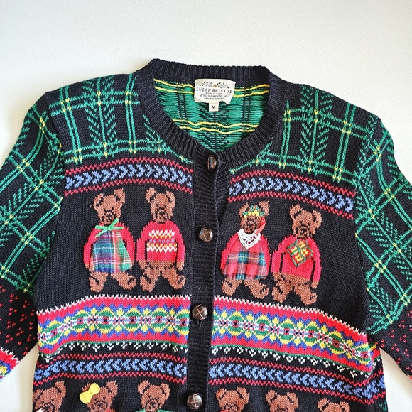 Vintage 1992 Susan Bristol Hand Knit Bear Pattern Colorful Cardigan Sweater Sz S - Picture 2 of 15